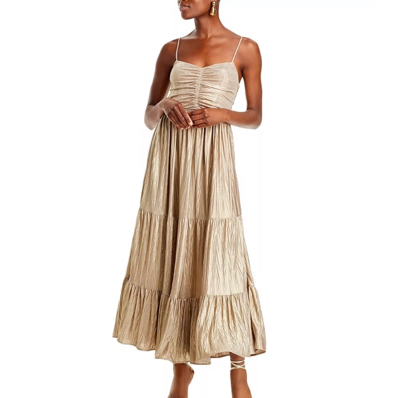 Aqua Dresses & Skirts - AQUA Metallic Rutched Tier Dress Champagne